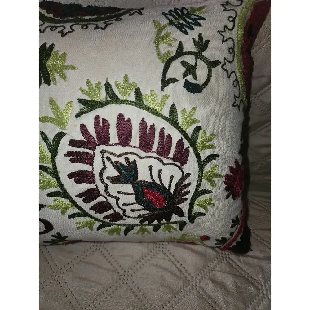 Bohemian Pillow Vibrant Floral Lumbar Embroidered Decor Feather removable case